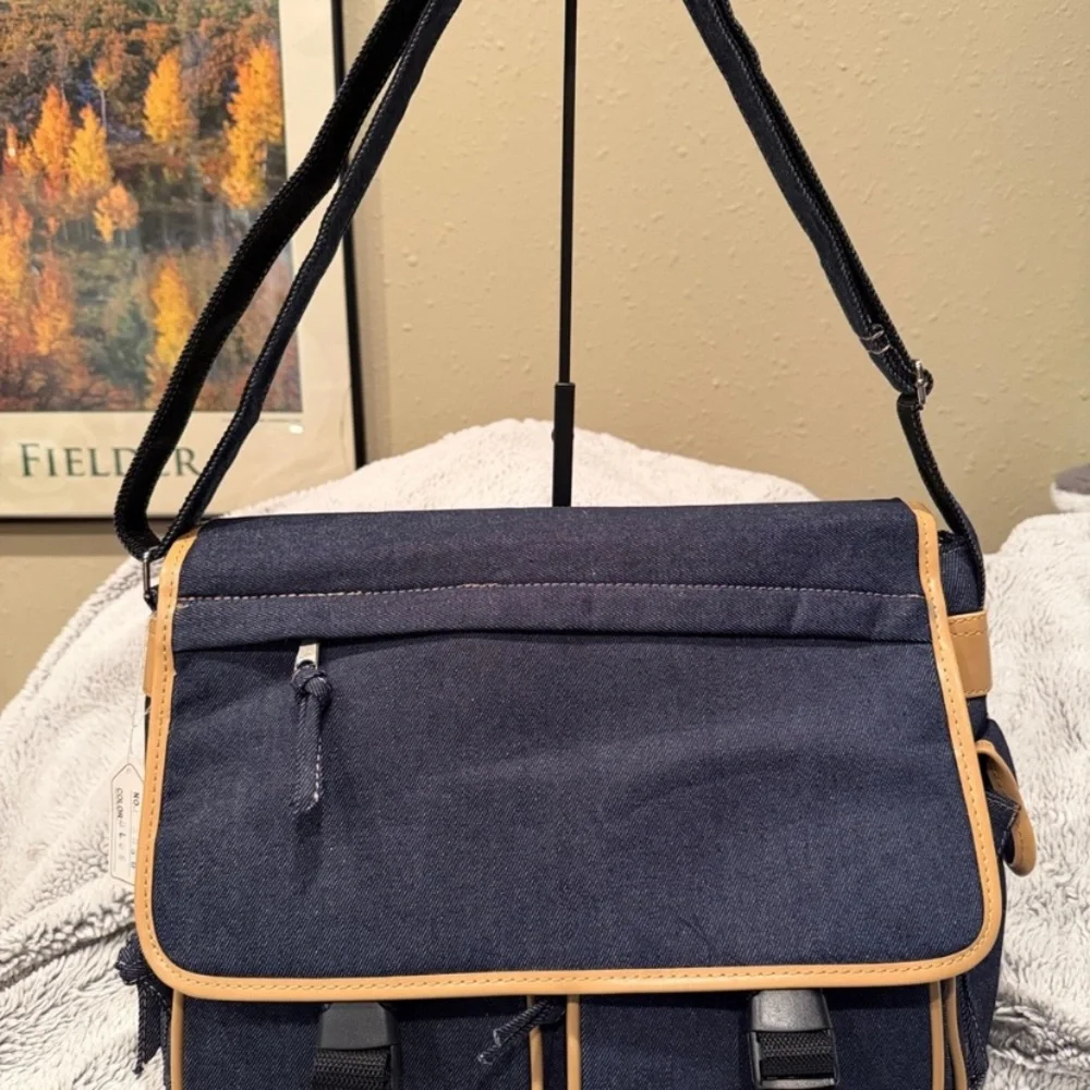 Men's Navy Denim Canvas Messenger Bag with Tan Trim